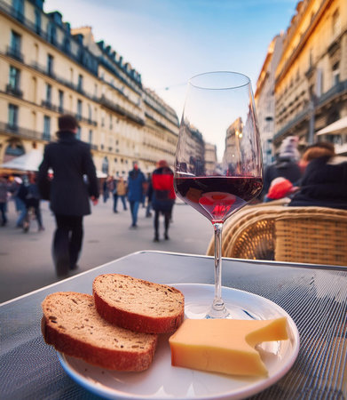 Glass of red wine with bread and cheese on table in Paris, Franceの素材