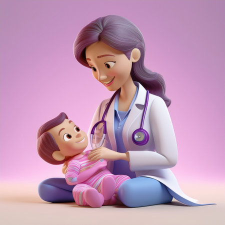 3d illustration of a cute little girl with her mother and doctorの素材