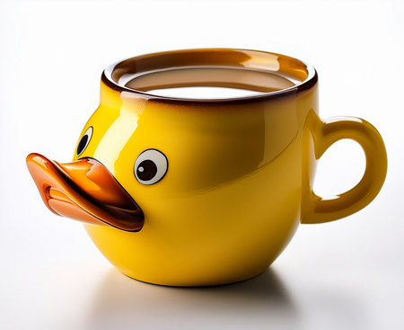 Coffee cup with rubber duck isolated on white background. 3d illustration.の素材