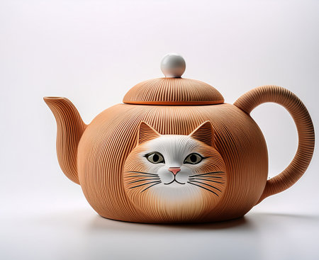 Cute ceramic teapot with cat face on white background.の素材