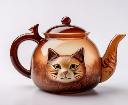 Ceramic teapot with a cat on a white backgroundの素材