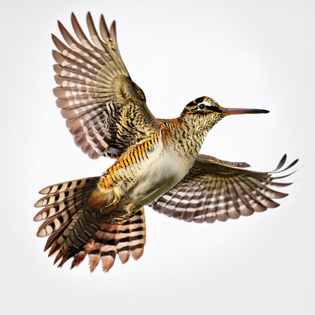 Red-billed Godwit in flight isolated on white background.の素材
