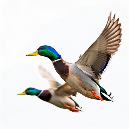Mallard Duck Flying in the Air Isolated on White Backgroundの素材