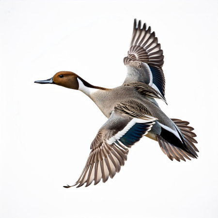 Male Northern pintail, Anas acuta, flying in the skyの素材
