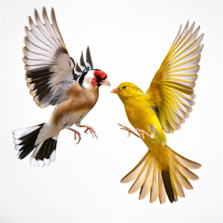 Goldfinch (Carduelis carduelis) and Red-breasted Goldfinch on a white backgroundの素材