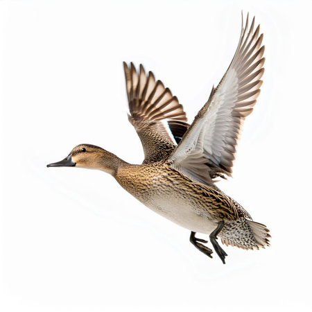 Female mallard duck flying isolated on white background (Anas platyrhynchos)の素材