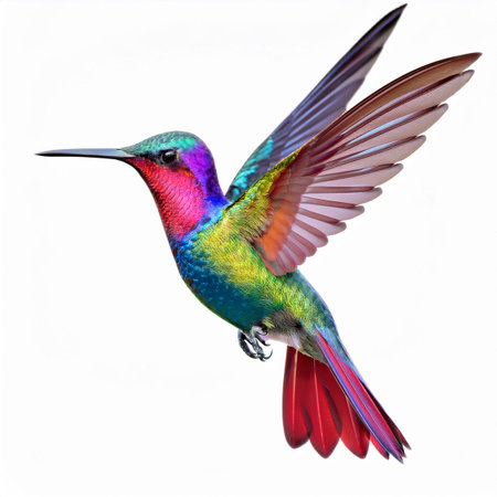 Hummingbird in flight isolated on white background, 3D illustrationの素材