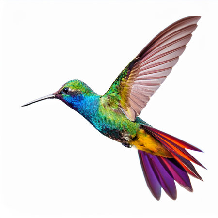 Beautiful hummingbird hummingbird in flight isolated on white backgroundの素材