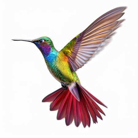 Hummingbird in flight isolated on white background. Wildlife scene from tropical nature. Hummingbird in flight with outstretched wings. Wildlife scene from tropical nature.の素材