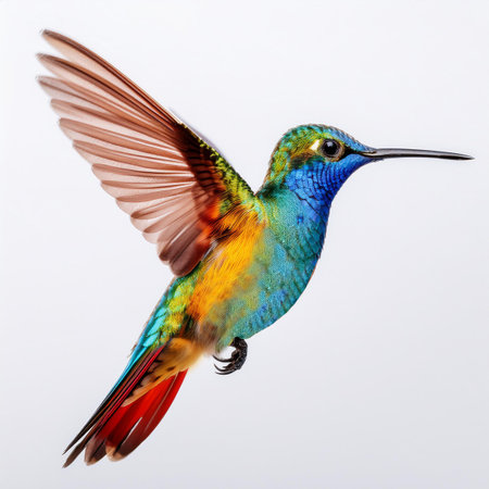 Colorful hummingbird isolated on white background. Wildlife scene from tropical forest. Hummingbird in flight with outstretched wings. Wildlife scene from tropical nature.の素材