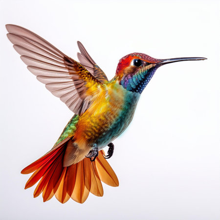 Beautiful hummingbird isolated on white background. Wildlife scene from nature. Hummingbird in flight.の素材