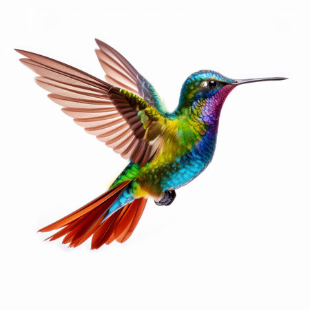 Beautiful hummingbird isolated on white background. Wildlife scene from tropical forest. Hummingbird in flight with outstretched wings.の素材