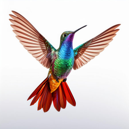 Hummingbird flying in the air isolated on white background, clipping path includedの素材