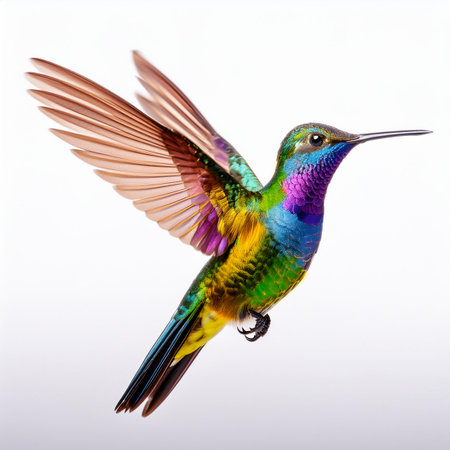 Colorful hummingbird in flight isolated on white background with clipping pathの素材