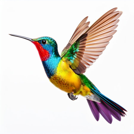Beautiful bright multi-colored hummingbird isolated on white background.の素材
