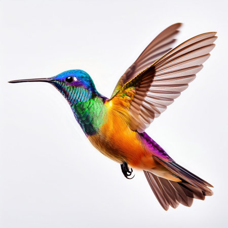 Beautiful bright colorful hummingbird flying, isolated on white background.の素材