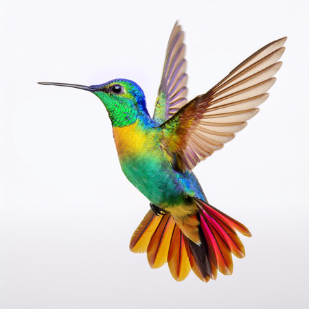 Hummingbird in flight isolated on white background. Wildlife scene from tropical jungle. Hummingbird in flight isolated on white background.の素材
