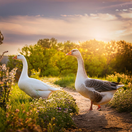 Two white geese walking on the path in the meadow at sunsetの素材