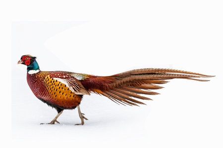 Male pheasant isolated on white background. Pheasant in flight.の素材