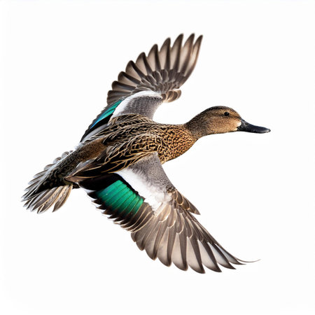 Female mallard (Anas platyrhynchos) flyingの素材