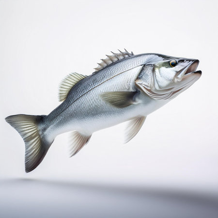 Fresh sea bass fish isolated on white background. Clipping path included.の素材