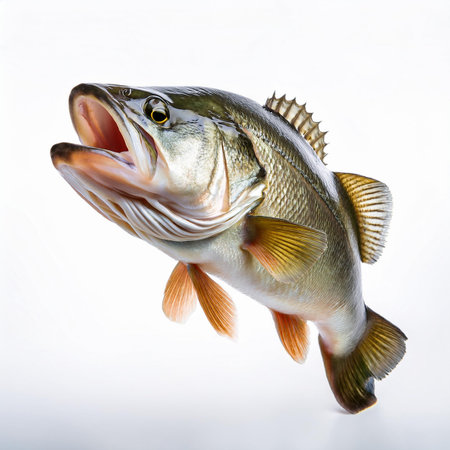 Close-up of a freshwater fish on a white background. Photography studio.の素材