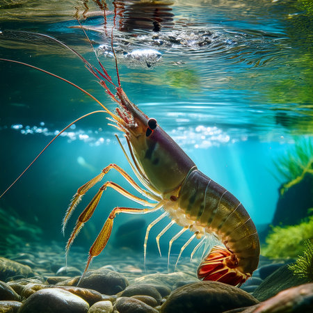 Shrimp in the aquarium. Seafood in the water. Fresh water life.の素材