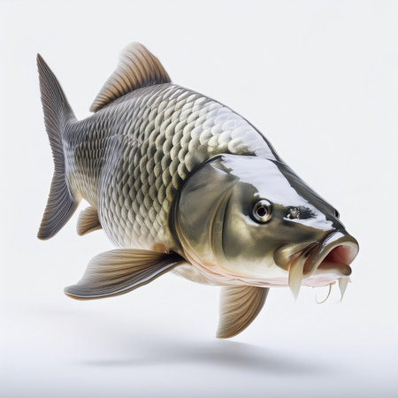 Carp fish isolated on white background. 3d render illustration.の素材