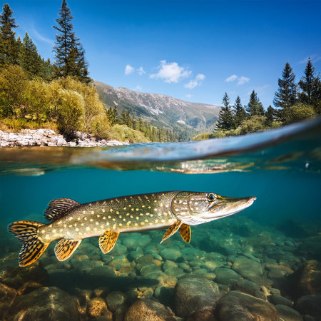 Pike in the river. The concept of active and ecological tourismの素材
