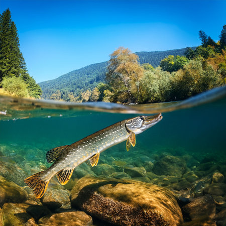 Pike in the water of the mountain river. The concept of active and ecological tourismの素材