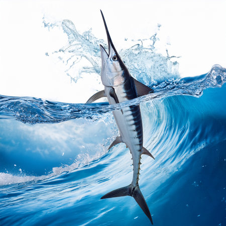 Swordfish swimming in blue water with splashes of water on white backgroundの素材
