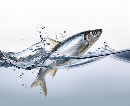 fresh sardine fish with water splash isolated on a white backgroundの素材