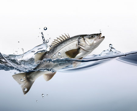 Fresh salmon fish in water with splash and drops on white background.の素材