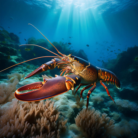Lobster on a coral reef with rays of light. 3d renderingの素材