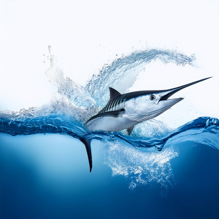 Blue marlin fish jumping out of the water. 3d renderingの素材