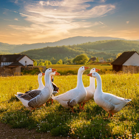 White geese on a green meadow at sunset. Rural landscape.の素材