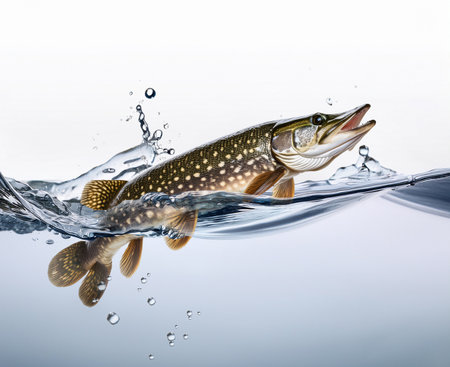 Fishing pike in water with splashes on a white backgroundの素材