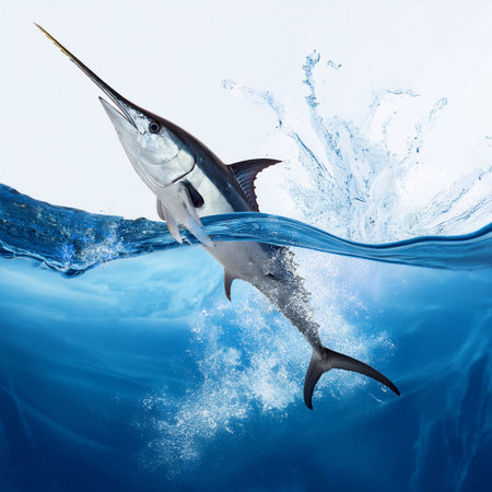 Swordfish jumping out of the water. 3d rendering. Underwater world.の素材