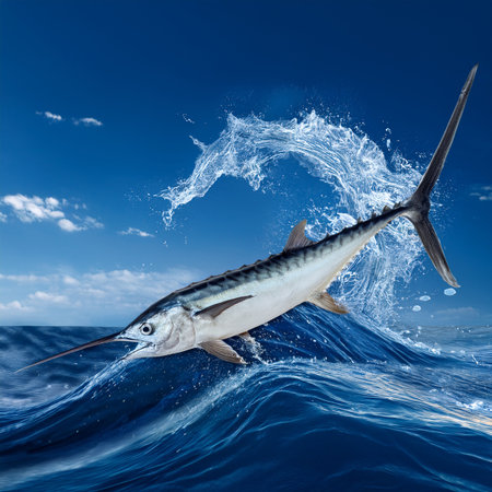 Blue marlin fish jumping out of the water. 3D renderingの素材