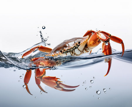 Crab splashing in water isolated on white background with clipping pathの素材