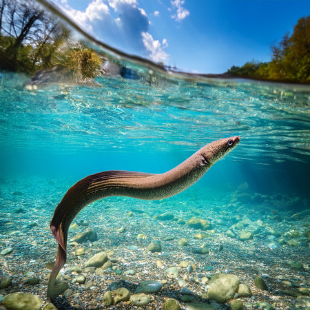 Underwater shot of an eel floating in the water. Underwater world.の素材
