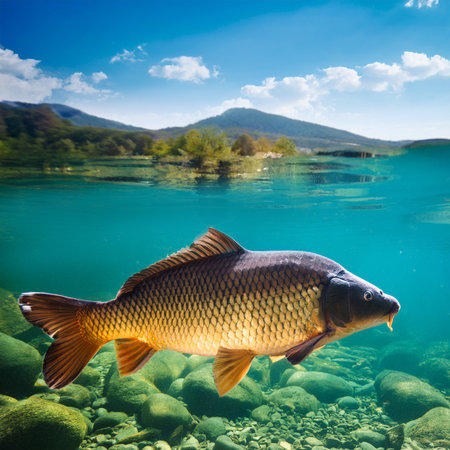Carp fish swimming in the lake under blue sky with white cloudsの素材