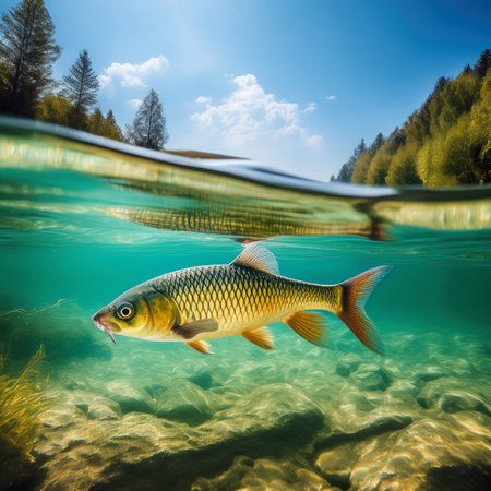 Crucian carp swimming underwater in a lake with clear water.の素材