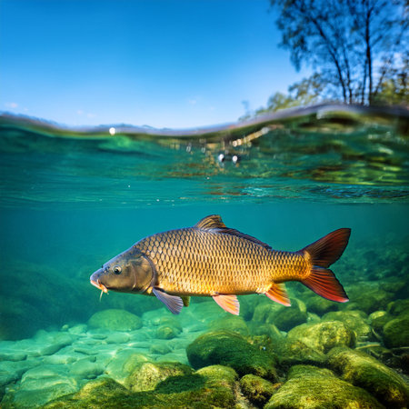 Beautiful carp swimming in the lake. The concept of ecological tourismの素材