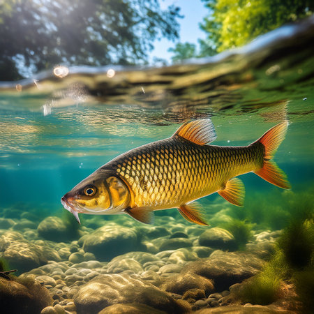 Carp fish swimming in the water. This is a 3d render illustrationの素材