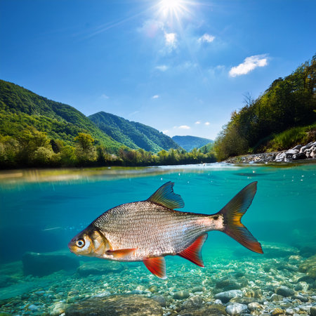 Fish on the background of the mountain river and blue sky with cloudsの素材