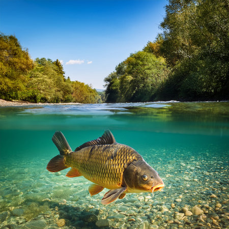 Carp on the river bank under the blue sky with clouds.の素材
