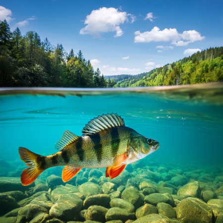 Perch in the water. Underwater landscape with river and forest.の素材