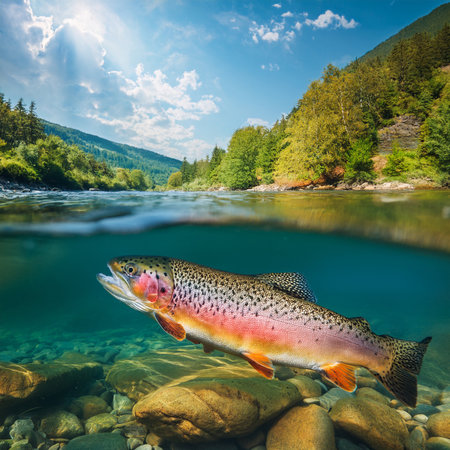 Rainbow trout in the river on a background of mountains and skyの素材