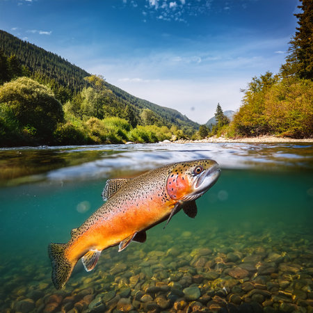 Rainbow trout on the background of a mountain river and forest.の素材